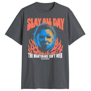 NEW MEN'S RETRO HALLOWEEN II SLAY ALL DAY GRAY GRAPHIC T-SHIRT MENS SIZE 2XL